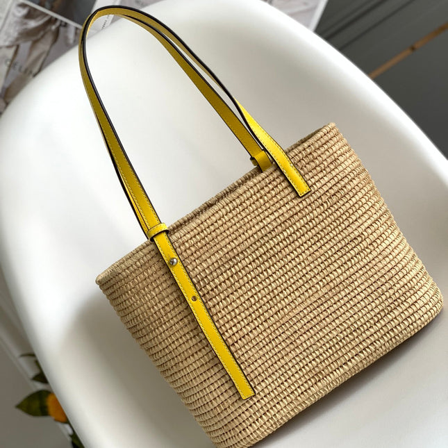 LOEWE 25S BASKET BAG 30 IN NATURAL MIX YELLOW RAFFIA CALFSKIN SHOULDER STRAP