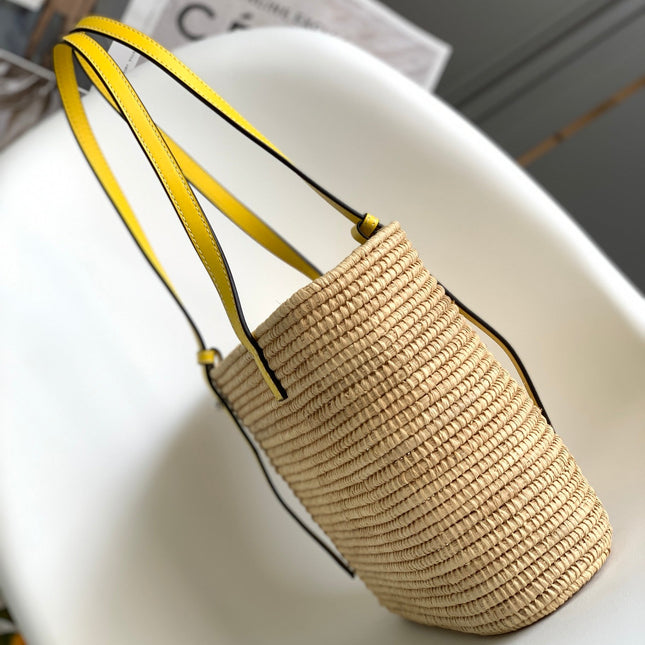 LOEWE 25S BASKET BAG 30 IN NATURAL MIX YELLOW RAFFIA CALFSKIN SHOULDER STRAP
