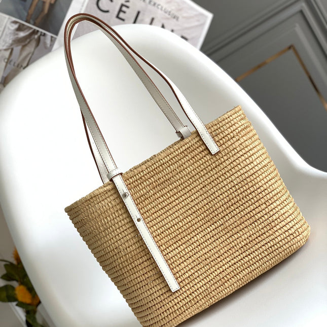 LOEWE 25S BASKET BAG 30 IN NATURAL MIX WHITE RAFFIA CALFSKIN SHOULDER STRAP