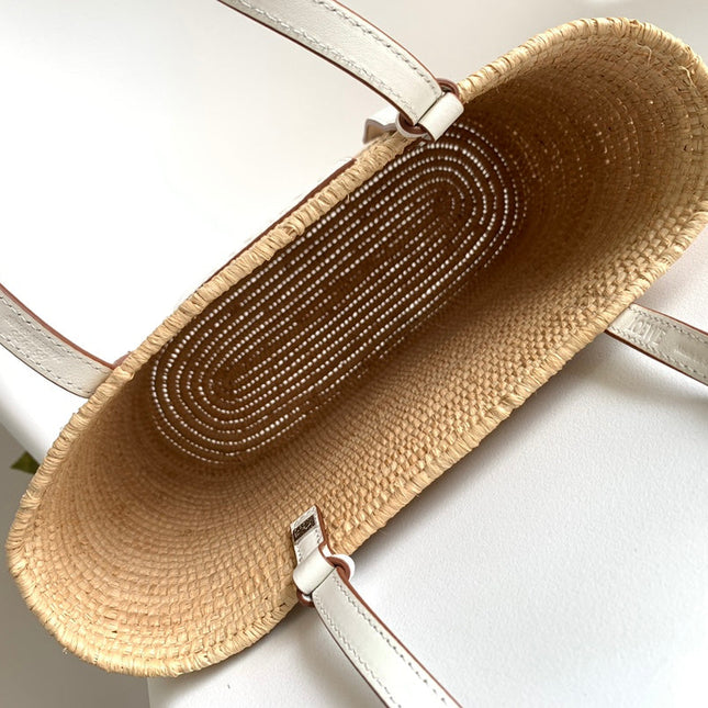 LOEWE 25S BASKET BAG 30 IN NATURAL MIX WHITE RAFFIA CALFSKIN SHOULDER STRAP