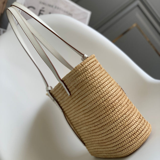LOEWE 25S BASKET BAG 30 IN NATURAL MIX WHITE RAFFIA CALFSKIN SHOULDER STRAP
