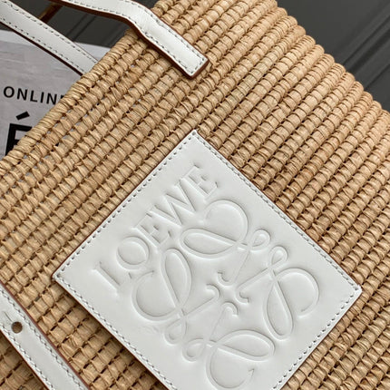 LOEWE 25S BASKET BAG 30 IN NATURAL MIX WHITE RAFFIA CALFSKIN SHOULDER STRAP