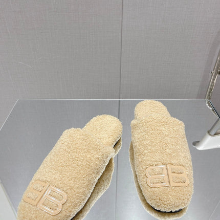 BALENCIAGA 25S MULES IN BEIGE WOOL WITH LOGO