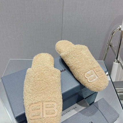 BALENCIAGA 25S MULES IN BEIGE WOOL WITH LOGO