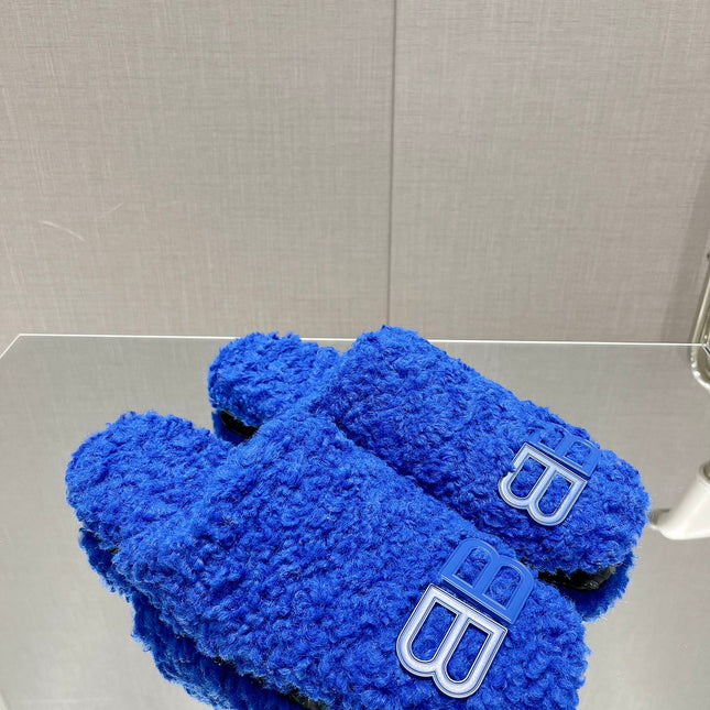 BALENCIAGA 25S MULES IN BLUE WOOL WITH LOGO