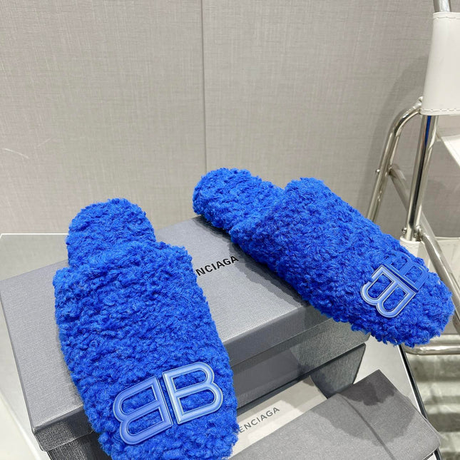 BALENCIAGA 25S MULES IN BLUE WOOL WITH LOGO