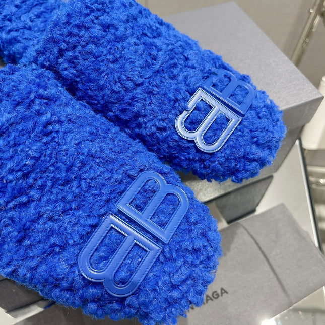 BALENCIAGA 25S MULES IN BLUE WOOL WITH LOGO