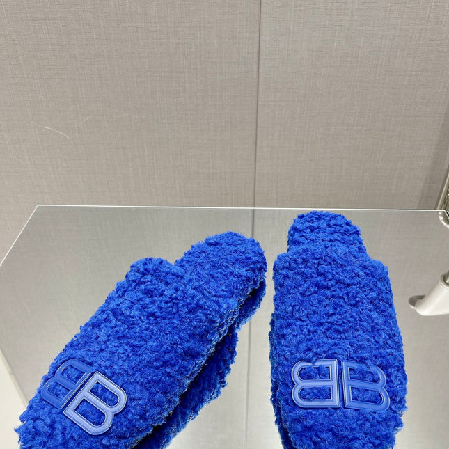 BALENCIAGA 25S MULES IN BLUE WOOL WITH LOGO