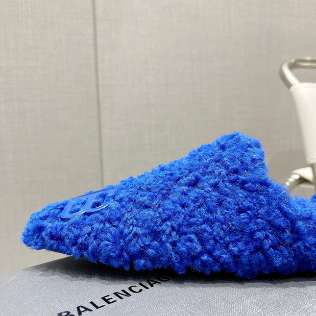 BALENCIAGA 25S MULES IN BLUE WOOL WITH LOGO