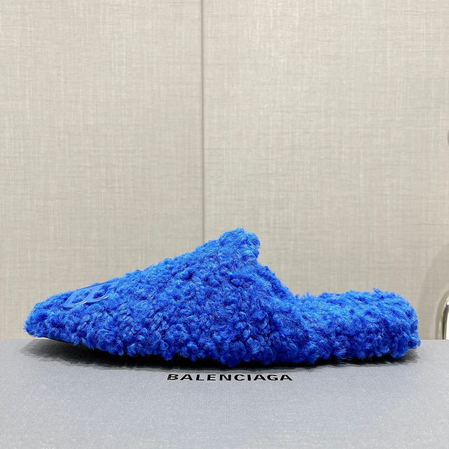 BALENCIAGA 25S MULES IN BLUE WOOL WITH LOGO