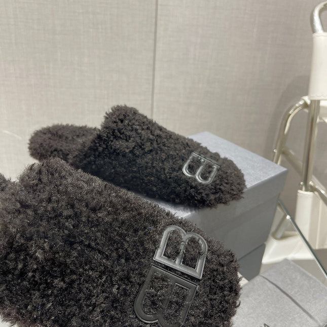 BALENCIAGA 25S MULES IN BLACK WOOL WITH LOGO
