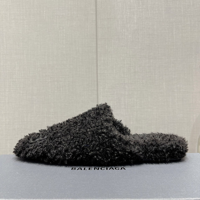 BALENCIAGA 25S MULES IN BLACK WOOL WITH LOGO