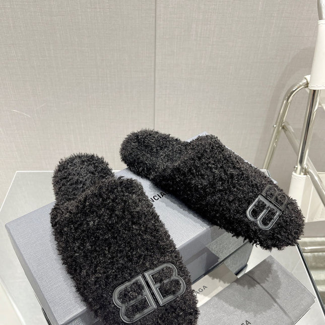 BALENCIAGA 25S MULES IN BLACK WOOL WITH LOGO