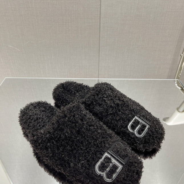 BALENCIAGA 25S MULES IN BLACK WOOL WITH LOGO