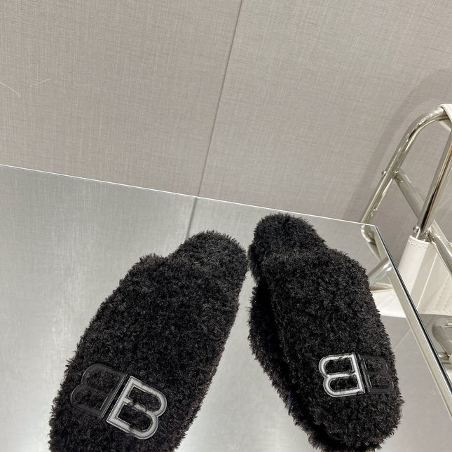 BALENCIAGA 25S MULES IN BLACK WOOL WITH LOGO