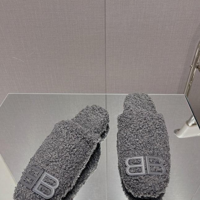 BALENCIAGA 25S MULES IN GRAY WOOL WITH LOGO