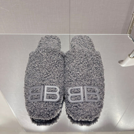 BALENCIAGA 25S MULES IN GRAY WOOL WITH LOGO