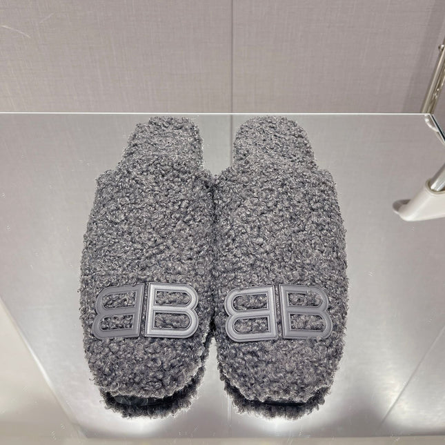 BALENCIAGA 25S MULES IN GRAY WOOL WITH LOGO