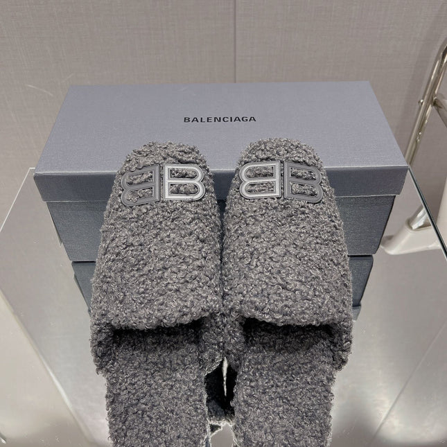 BALENCIAGA 25S MULES IN GRAY WOOL WITH LOGO