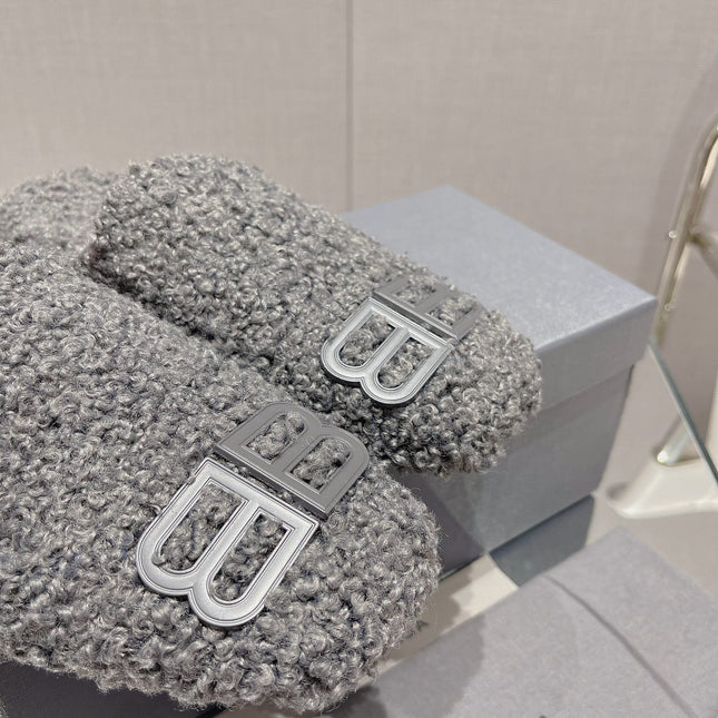 BALENCIAGA 25S MULES IN GRAY WOOL WITH LOGO