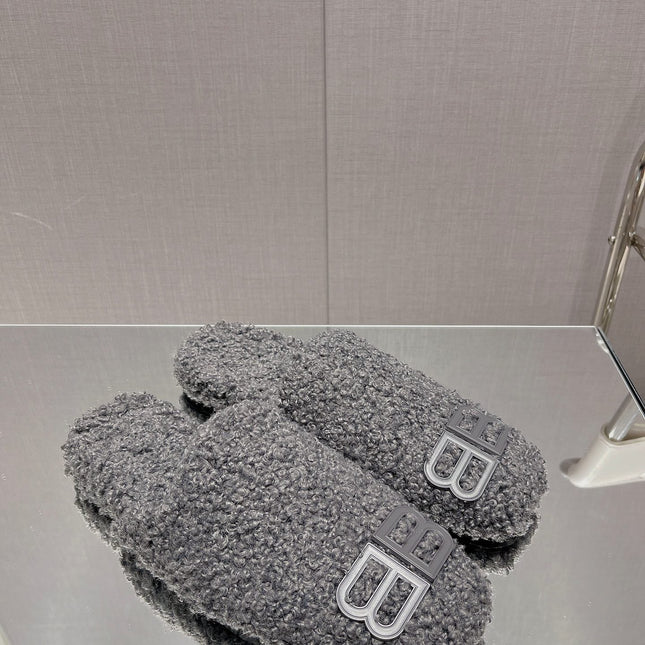 BALENCIAGA 25S MULES IN GRAY WOOL WITH LOGO