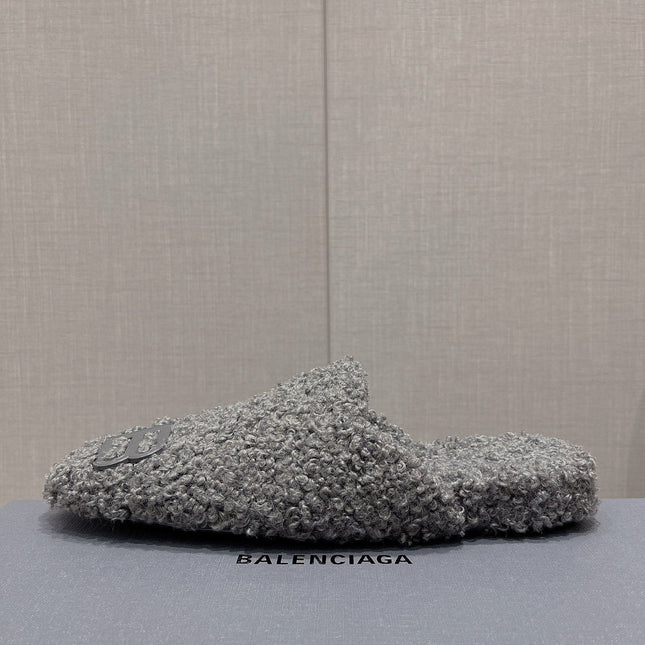 BALENCIAGA 25S MULES IN GRAY WOOL WITH LOGO