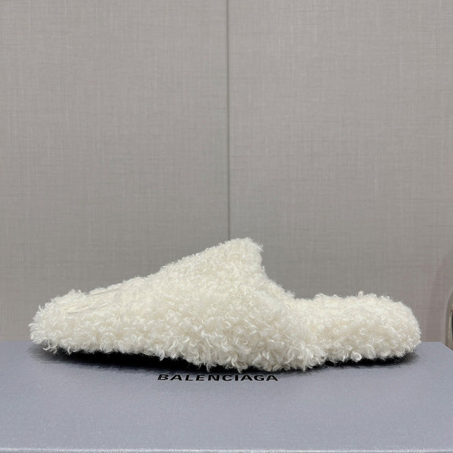 BALENCIAGA 25S MULES IN WHITE WOOL WITH LOGO