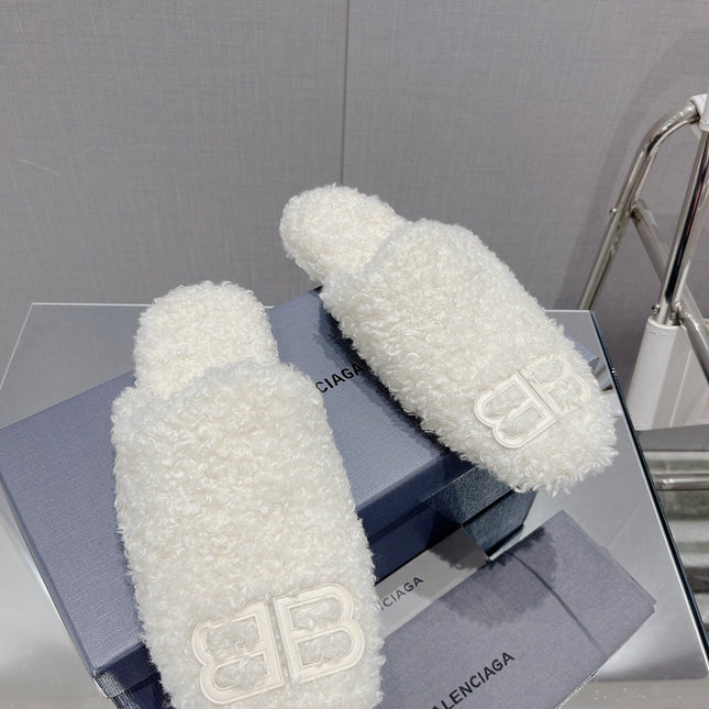 BALENCIAGA 25S MULES IN WHITE WOOL WITH LOGO