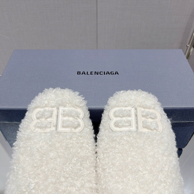 BALENCIAGA 25S MULES IN WHITE WOOL WITH LOGO