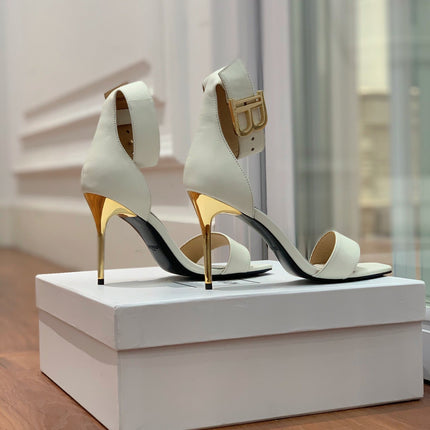 BALMAIN 25S THIN STRAP HIGH HEELS 105MM IN IVORY CALFSKIN GOLD HARDWARE