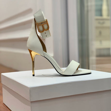 BALMAIN 25S THIN STRAP HIGH HEELS 105MM IN IVORY CALFSKIN GOLD HARDWARE