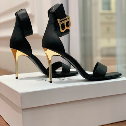 BALMAIN 25S THIN STRAP HIGH HEELS 105MM IN BLACK CALFSKIN GOLD HARDWARE
