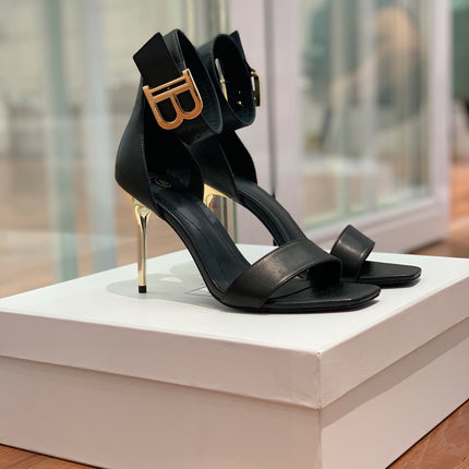 BALMAIN 25S THIN STRAP HIGH HEELS 105MM IN BLACK CALFSKIN GOLD HARDWARE