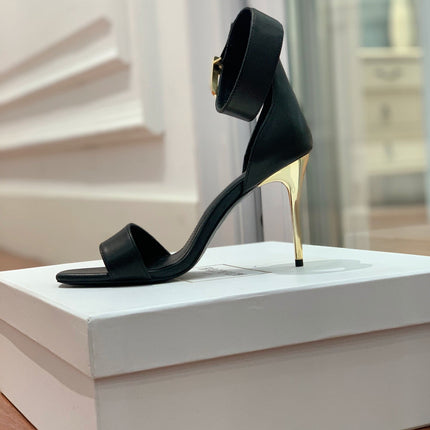 BALMAIN 25S THIN STRAP HIGH HEELS 105MM IN BLACK CALFSKIN GOLD HARDWARE