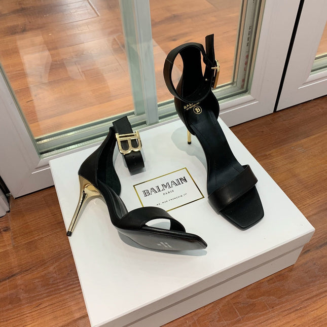 BALMAIN 25S THIN STRAP HIGH HEELS 105MM IN BLACK CALFSKIN GOLD HARDWARE