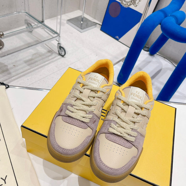 FENDI CASUAL SNEAKER IN TAN BEIGE CALFSKIN AND HEATHER PURPLE SUEDE