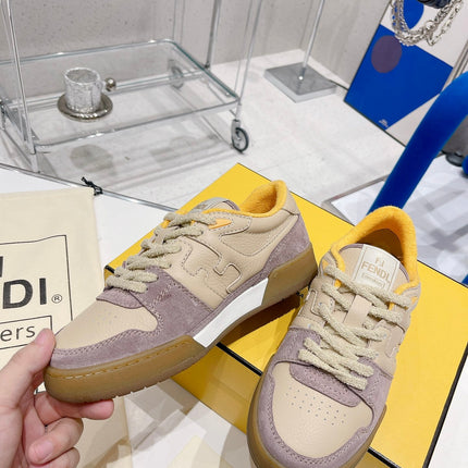 FENDI CASUAL SNEAKER IN TAN BEIGE CALFSKIN AND HEATHER PURPLE SUEDE