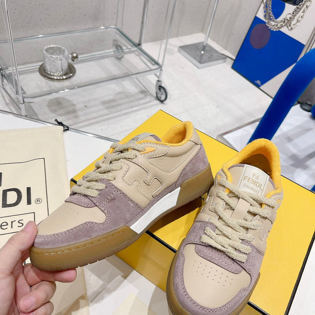 FENDI CASUAL SNEAKER IN TAN BEIGE CALFSKIN AND HEATHER PURPLE SUEDE