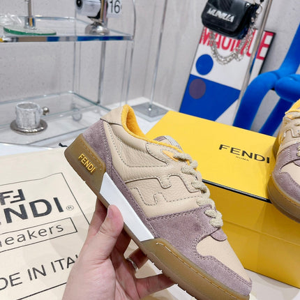 FENDI CASUAL SNEAKER IN TAN BEIGE CALFSKIN AND HEATHER PURPLE SUEDE