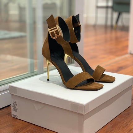 BALMAIN 25S THIN STRAP HIGH HEELS 105MM IN DARK BROWN SUEDE GOLD HARDWARE