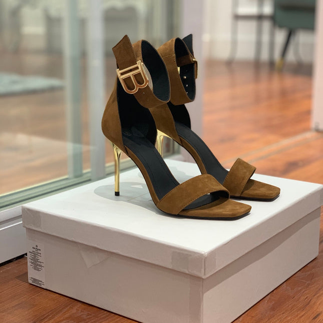 BALMAIN 25S THIN STRAP HIGH HEELS 105MM IN DARK BROWN SUEDE GOLD HARDWARE