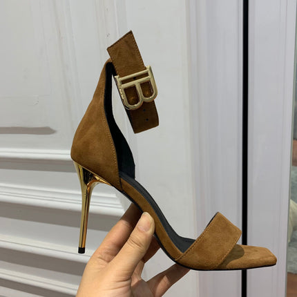 BALMAIN 25S THIN STRAP HIGH HEELS 105MM IN DARK BROWN SUEDE GOLD HARDWARE