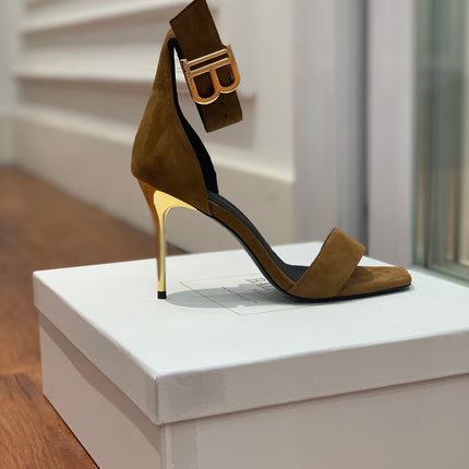 BALMAIN 25S THIN STRAP HIGH HEELS 105MM IN DARK BROWN SUEDE GOLD HARDWARE