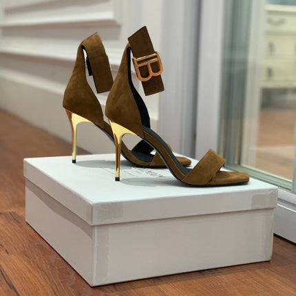 BALMAIN 25S THIN STRAP HIGH HEELS 105MM IN DARK BROWN SUEDE GOLD HARDWARE