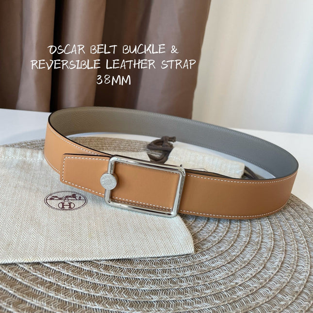 OSCAR BELT BUCKLE & REVERSIBLE KHAKI BROWN AND ORANGE LEATHER STRAP 38MM SILVER HARDWARE