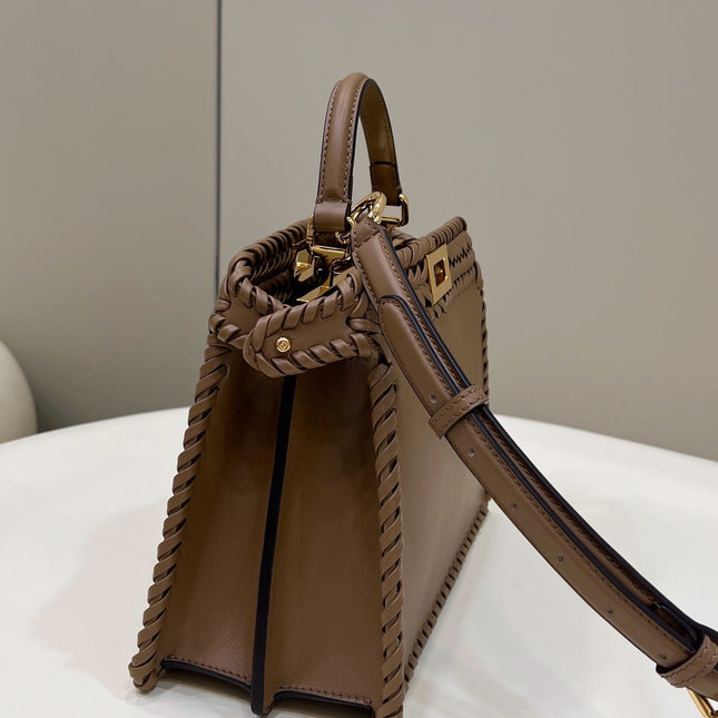 PEEKABOO ISEEU 27 IN BROWN SMOOTH CALFSKIN WITH WOVEN TRIM GOLD HARDWARE