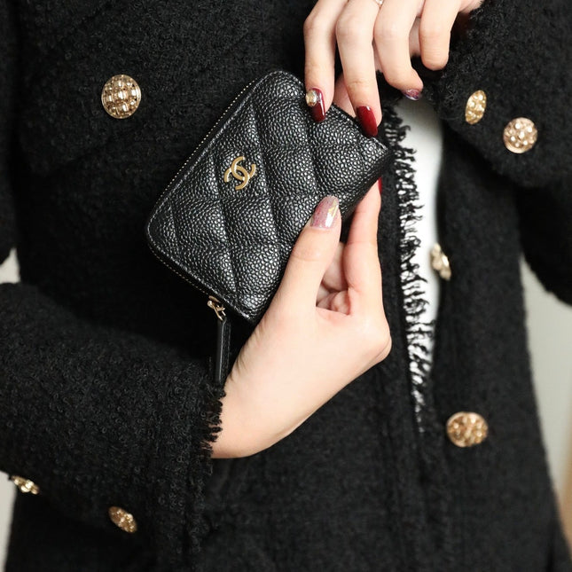 CC ZIPPED COIN BASIC PURSE 11 BLACK CALFSKIN GOLD ICON