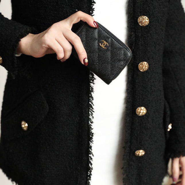 CC ZIPPED COIN BASIC PURSE 11 BLACK CALFSKIN GOLD ICON