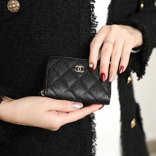 CC ZIPPED COIN BASIC PURSE 11 BLACK CALFSKIN SILVER ICON