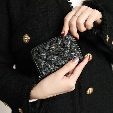 CC ZIPPED COIN BASIC PURSE 11 BLACK CALFSKIN SILVER ICON